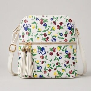 White‎ Floral Tassel Crossbody Bag Faux Leather Gold Hardware Cottagecore Boho